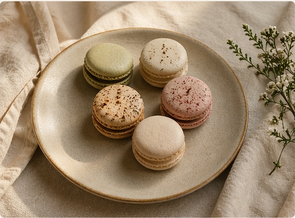 assorted field notes bakery macarons on a ceramic plate
