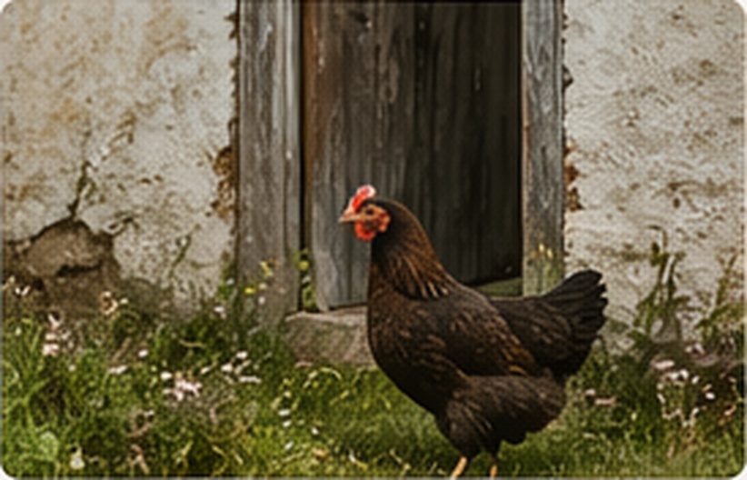 a chicken outside near a rustic doorway